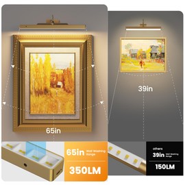 Kryoza 4 Pack Brass Picture Lights for Wall Art, 5000mAh Cordless Gallery Lighting Battery Operated Rechargeable, 3 Color Temps with Remote Control Wall Light for Picture Frame Artworking Portrait