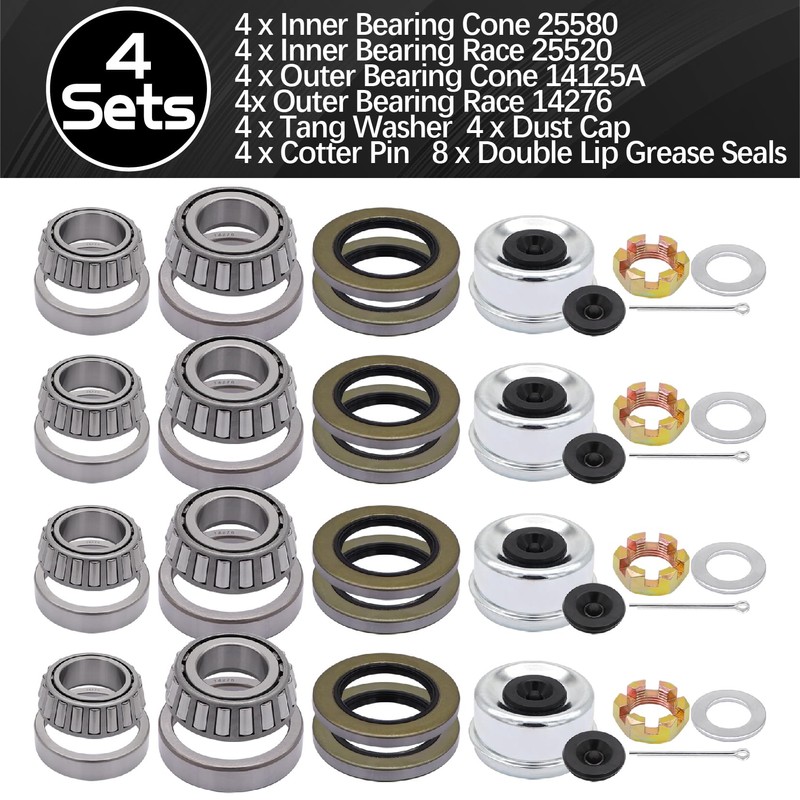 25580 14125A Trailer Axle Bearing Kit 4 Sets,5200-7000 lb for