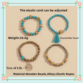 GAUEIOUR Boho Beaded Bracelet,Multi-Layer Wooden Beaded Bracelet, Tassel Bracelet Tourism Souvenir Tree of Life Bracelet Lady, Elastic Bracelet Bracelet Set(Peacock Blue Four-Piece Set)