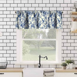 Nsbul Vintage Bird Valance, Blue White Floral Bird Chinoiserie Design Short Window Treatment for Kitchen Cafe Bedroom Living Room, 54x18Inch