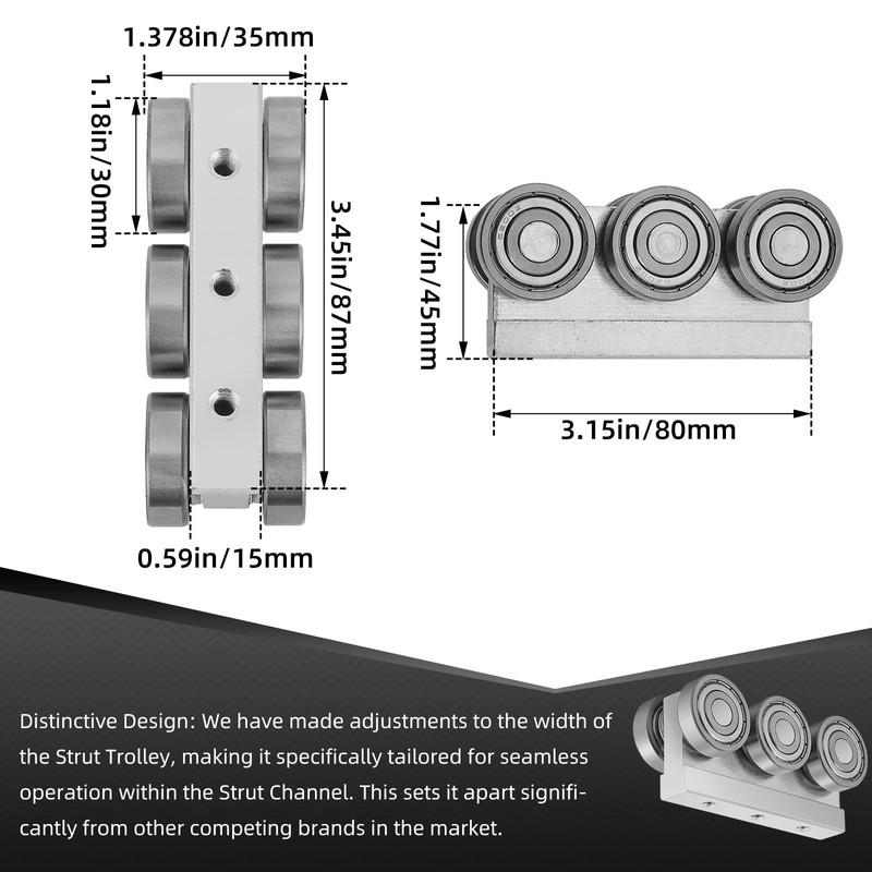6 Wheel Trolley Assembly M5 Thread Rollers Four Bearing Trolley