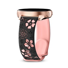riwoauoo Floral Engraved Band for Garmin Vivoactive 4/Venu 3/Venu 2 45mm Women,22mm Cute Two-Tone Flower Soft Silicone Sport Strap for Garmin Forerunner 570 47mm/265/255/255 Music(Black Pink)