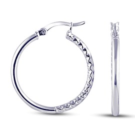 Charmsy 925 Sterling Silver Textured Diamond-Cut Hoop Earrings for Women | Click Top Round Hoops Earring Jewelry | Size 35mm
