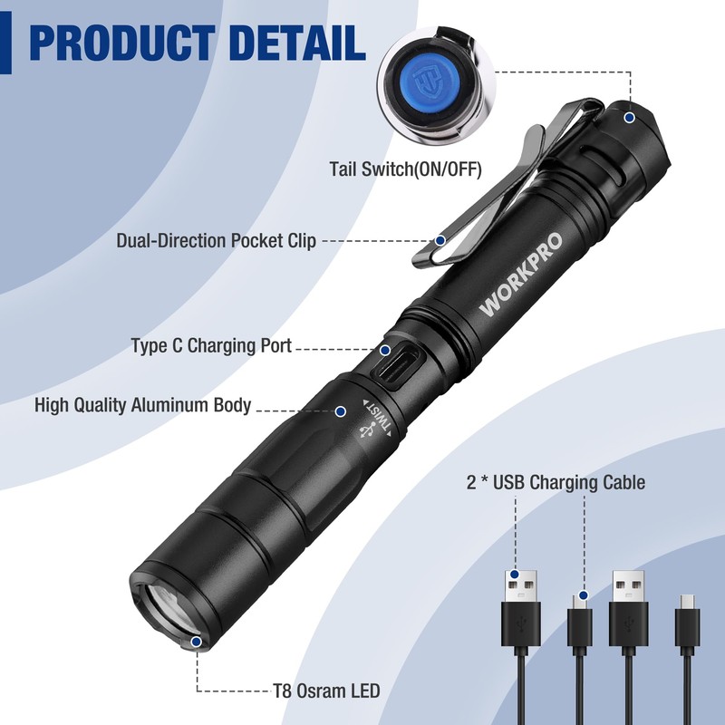 WORKPRO Rechargeable Pen Light, Mini Flashlight, 2 Pack Ultra-Compact EDC