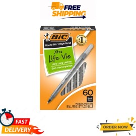 BIC Round Stic Xtra Life Black Ballpoint Pens 60ct Medium 1.0mm