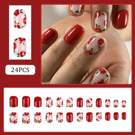 RUPOFUZA Press on Nails Square Short Fake Nails Orange False Nails with Lovely Red Flowers Design Nails Full Cover Stick on Nails Acrylic Artificial Nails Extra Short Glue on Nails for Women 24Pcs