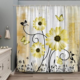 Rustic Farmhouse Yellow Floral Shower Curtain Sage Daisy Flowers Butterfly Abstract Aesthetic Country Barn Wooden Plank Wildflowers Boho Bath Curtains Bathroom Accessory Set with Hooks 70Wx70H Inch