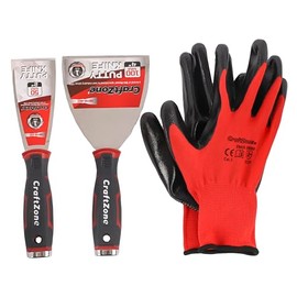 CraftZone 3-Piece Putty Knife & Gloves Set – 2" & 4" Putty Knives with Ergonomic Handles, Stainless Steel Blades, Elastic Soft Knife, Includes Protective Gloves (Polyester + Nitrile)