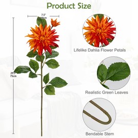 3Pcs Orange Artificial Dahlia Flowers 29.5" Fake Flower Silk Flowers with Long Stem Floral Arrangements Bouquets Faux Dahlias Flowers for DIY Wedding Party Centerpieces Decor Home Office Decoration