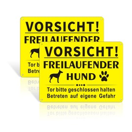 Pack of 2 Caution Dog Sign, 25 x 18 cm Free-Ranging Dog Sign, Metal Aluminium, Reflective Aluminium Warning of Dog Signs, Weatherproof - For Indoor and Outdoor Use, Yellow