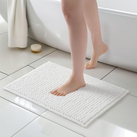 FRESHMINT Thick Chunky Chenille Bathroom Rugs 17"x24", Non Slip Bath Mat for Bathroom Floor, Small Soft Bathroom Decor Accessories, Cute Shower Mat Water Absorbent, Washable, Bright White