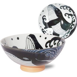 Minorutouki Rice Bowl Extra Large White Wave Whale Blue φ5.8×H2.6in 7.76oz Made in Japan