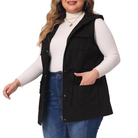 Agnes Orinda Plus Size Anorak Utility Vest for Women Drawstring Lightweight Sleeveless Cargo Hooded Jackets 2X Black