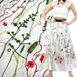 2Yards Embroidered Fabric, Dress Surface New Bohemian Style Bride's Shawl, Gauze Alternative Embroidered Veil with Colorful Embroidered Headdress DIY for Design (White 21inch x 71inch)