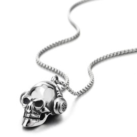 Mens Womens Steel Headphone Skull Pendant Necklace, 30 inches Wheat Chain, Gothic Biker(CA)