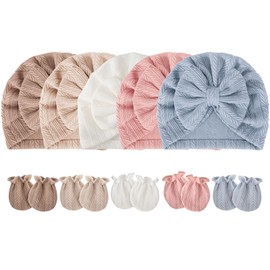 DRESHOW Newborn Baby Hat Mittens Hospital Hat Beanie Infant Hats with Bow Baby Gloves for 0-6 Months, 5 Sets: Bow Hats & Mittens Set33c-01