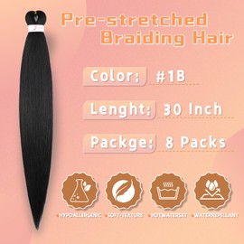 Braiding Hair Pre Stretched 30 Inch 8 Packs Professional Synthetic Braiding Hair for Box Braids/Twists/Crochet Braids No Itch Hot Water Setting Soft Yaki Texture (1B#)
