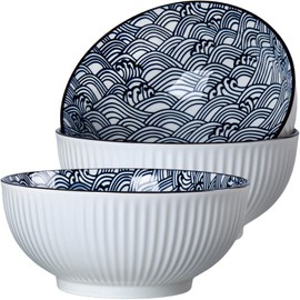 Dyware 60 oz Large Soup Bowl, Pho Bowls, 8 Inch Blue and White Porcelain Japanese Ramen Bowls Set of 3 - Wave Pattern