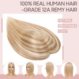 Silk-co 18inch Hair Topper for Thinning Hair Women Clip in Real Remy Human Hair Extensions Top Piece Base Size 10 * 12cm Silk+Lace Base (#12P613 Golden Brown&Bleach Blonde)