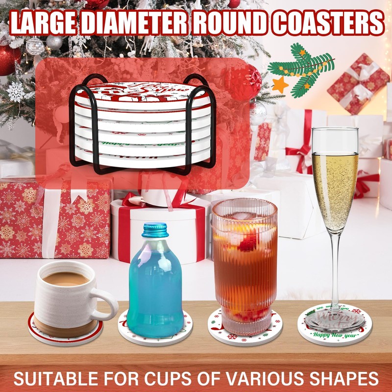 Christmas Coasters Set of 6, Round Ceramic Xmas Coasters with