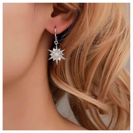 Allereya Vintage Crystal Northstar Dangle Earrings Rhinestone North Star Drop Earrings Silver Cz Opal Earrings Sparkly Star Hoop Huggie Earrings Jewelry for Women and Girls (Silver)