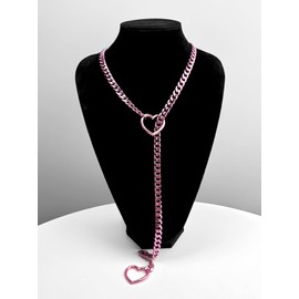 EverGlimp Slip Chain Necklace For Women, Black Heart O-Ring, Cuban Long Necklace Jewelry, Lariat Y-Necklace (Pink-Pink, 25'')