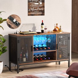 Homieasy Wine Bar Cabinet with Power Outlets & LED Lights, Industrial Liquor Cabinet with Adjustable Wine Racks, Coffee Station Cabinets with Storage for Kitchen/Home, Rustic Brown