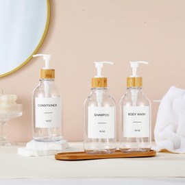 Shampoo and Conditioner Dispenser, Shower Soap Dispenser with Bamboo Pumps/Tray, Refillable Shampoo and Conditioner Bottles, Shower Shampoo Dispenser 3 Chamber, 16oz(Clear)