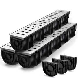 3 Sets Channel Drain 39.4 x 5.9 x 5.1 Inches, Trench Drain System Garage Floor Drain Drainage Trench with 3 Stainless Steel Drainage Grates and 3 Plastic End Caps for Pool Drain Driveway, Black