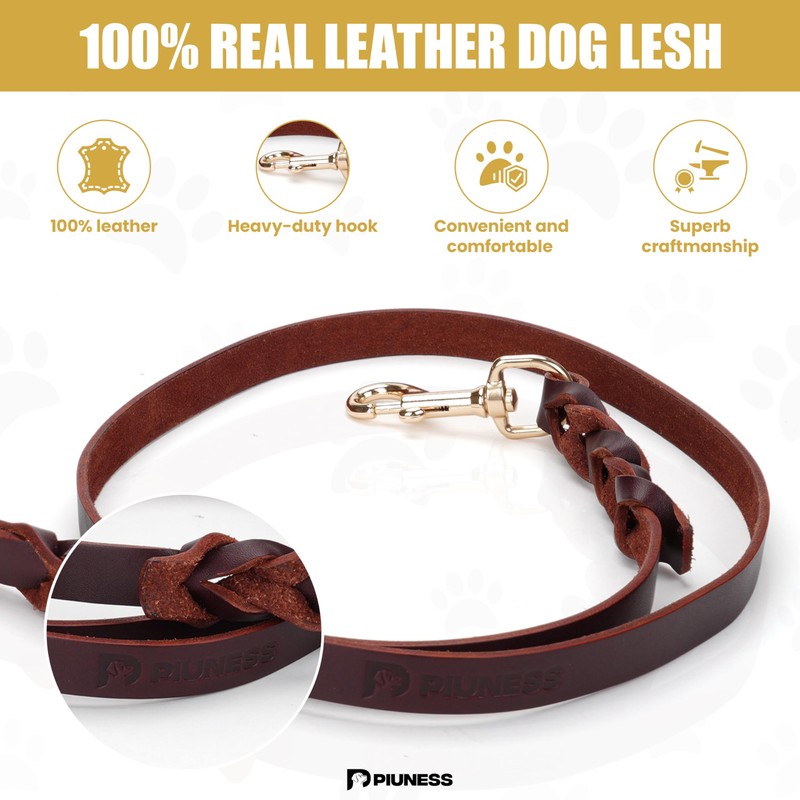 Piuness 100% Real Leather Dog Collar and Leash Set, Premium