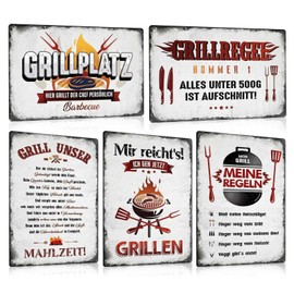 ESFIVHO Set of 5 Retro Tin Sign Grill – Grill Place Sign with Saying – GRILL REGEL UNSER BBQ Metal Sign Vintage Decoration – Wall Decoration Gift for Grillers Grill Master Kitchen Chefs 20 x 30 cm
