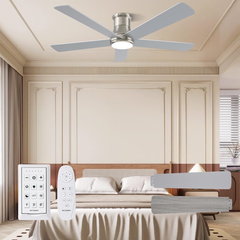 Autoday 52 Inch Low Profile Ceiling Fan with Light, Burshed