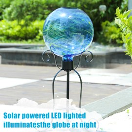 VCUTEKA Solar Gazing Ball, Glass Gazing Balls Sphere with Solar Light for Garden Lawn Outdoor Ornament Yard Decorative, Blue Swirl, 10"