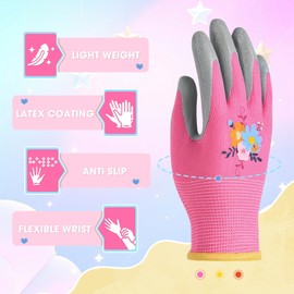 WAWSAM Kids Gardening Gloves 3 Pairs Toddlers Rubber Coated Work Gloves (Pink+Light Yellow+Orange, 5-7 Years)