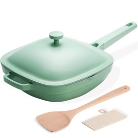 USELUCK 10.5"(3.8 Qt) Pix Pan,Ti-Ceramic Nonstick Frying Pan,Non Toxic Cast Aluminum Frying & Sauté Pan with Natural Wooden Spatula and Loofah Scrubber-Mint Haze
