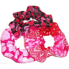 3 Valentines Day Hearts Hair Scrunchies Handmade by Scrunchies by Sherry Pink Red Black