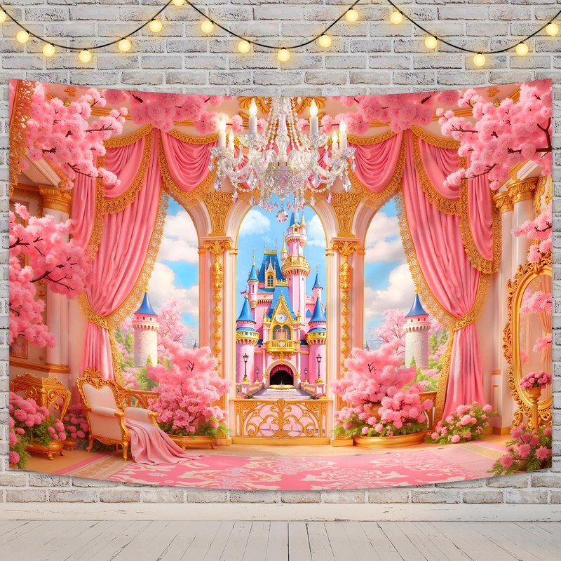 Pink Princess Castle Garden Floral Flower Cherry Fairy Photography Backdrop