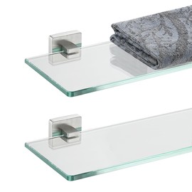 JQK Bathroom Glass Shelf, Floating Tempered Glass Shower Storage 12 by 5 inches, 304 Stainless Steel Brushed Finish Wall Mount 2 Pack, TGS201L12-BN-P2