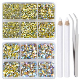 LPBeads 6400 Pieces Lemon Yellow AB Hotfix Rhinestones Flat Back 5 Mixed Sizes Crystal Round Glass Gems with Tweezers and Picking Rhinestones Pen