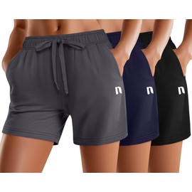 Neer 3 Pack Women's Sweat Shorts, Summer Drawstring Cotton Shorts with Pocket Loose Athletic Lounge Casual Running Bottoms(Black, Navy Blue, Graphite Gray,XX-Large)
