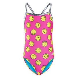 Dolfin Uglies X SmileyWorld Girl's One Piece Swimsuit -Athletic Practice Suit with Criss-Cross Straps (All Smiles, 8)