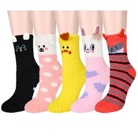 Women Girls Cute Funny Animal Cat Fuzzy Fluffy Socks Cabin Cozy Soft Slipper Winter Warm Crew Socks Christmas Stocking Gifts,5pack-cat chick bear