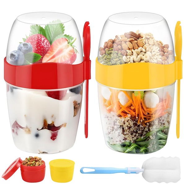 2 PCS Yogurt Pots, 870ML Reusable Overnight Oats Container, Breakfast Pots with Lids Spoon and Brush, Muesli Cup with Salad Dressing Container, Over Night Oats Contaner for Salads Fruit Cereal Milk