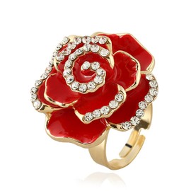 Dtja CZ Rose Flower Promise Ring for Women Statement Diamond Crystal 3D Enamel Flowers Adjustable Open Wrap Finger Rings Comfort Fit Vintage Elegant Wedding Christmas Valentine Jewelry Gift (Red)