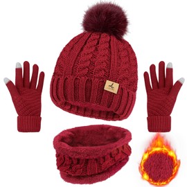 Winter Beanie Hat, Scarf and Touchscreen Gloves Set Wine Red