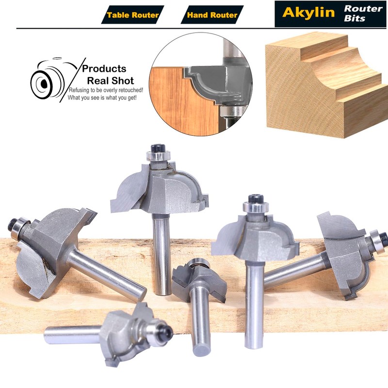Akylin 6pcs Classical Cove Router Bit Set,1/4" Shank Cove &