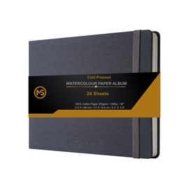 Watercolour Sketchbook Journal 300gsm /140lb 100% Cotton Paper 24 Sheets Cold-Pressed Journal Sewn Binding 8.3" X 5.8" Album for Artists Wet Media and Mixed Techniques - Linen Fabric Dark Grey