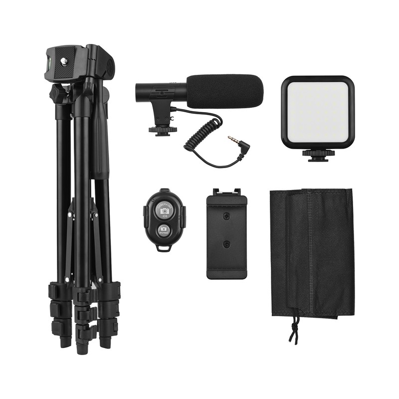 Phone Vlog Video Kit with Height Adjustable Tripod Phone Holder