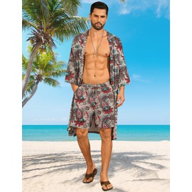 SWOMOG Mens Lightweight Kimono Robe with Shorts Set 2 PCS Printed Japanese Bathrobes Cardigan Robe with Belt & Pockets Pink Flowers Small