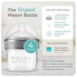 Mason Bottle 4oz Baby Glass Bottle with Breast Like Slow Flow Nipple, Cap+Ring - BPA Free, Non Toxic, Anti Colic Baby Bottle, Glass Feeding Bottle for Babies
